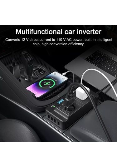 200w Araba İnvertörü 12v İla 110v Modifiye Sinüs Dalgası Güç Dönüştürücüsü 2 Ac Çıkışlı 4 Usb Portlu-siyah