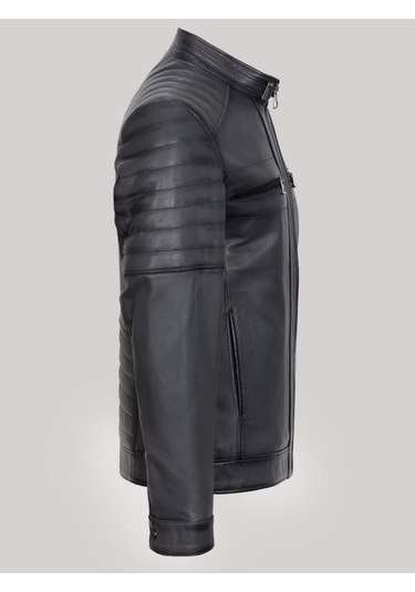 Hakiki Kuzu Derisi Fermuarlı Erkek Ceket Kol İşlemeli Ceket Siyah Siyah