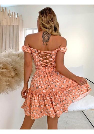 Minik Çiçek Desenli Düşük Omuz Bağcık Korse Bluz Etek Takım Turuncu Turuncu