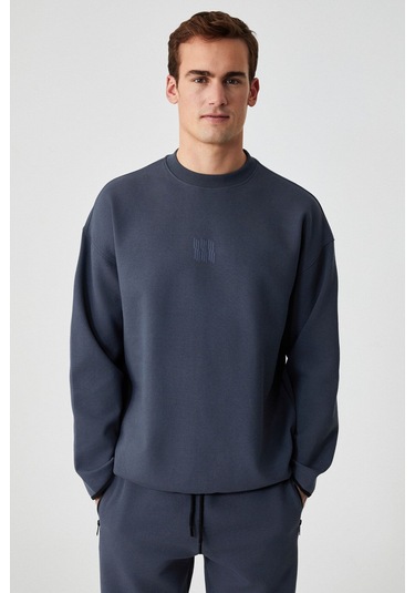 GRIMELANGE Plemon Erkek Bisiklet Yaka Uzun Kol Baskı Detaylı Oversize Gri Sweatshirt Gri