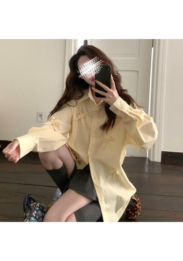 Kadınlar İçin 3d Fiyonklu Mavi Gömlek Kadın Şık Çok Yönlü Günlük Yaka Üst Düz Renk Uzun Kollu Bayan Tek Sıra Düğmeli Gömlekler Sarı