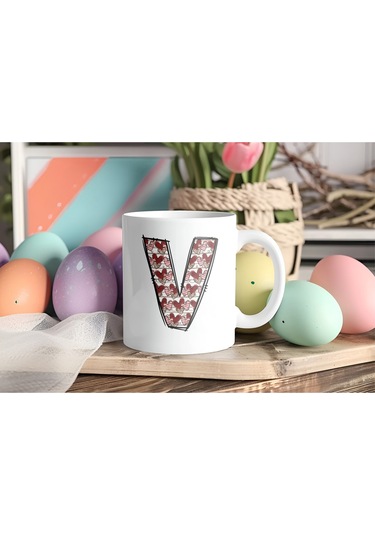 V Harfi Aşk Temalı Kupa - Kalp Desenli Kişiye Özel Romantik Sevgililer Günü Kahve Kupası Beyaz
