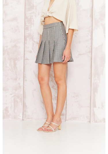 Kadın Lacivert Ekose Pileli Etek Dm2034 Lacivert