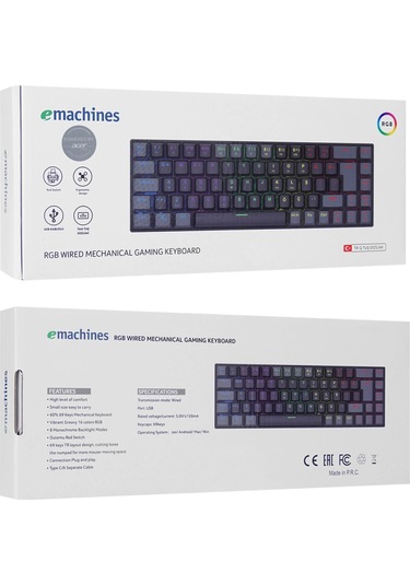 Acer Emachines, Eak68, Siyah/gri, Usb Kablolu, Rgb Backlight, Red Switch, Mekanik, Türkçe Q, 68 Tuşl