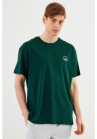 Leo Erkek Oversize Tshirt %100 Pamuk Bisiklet Yaka Baskı Detaylı Basic Tişört Mtlce77 Yeşil