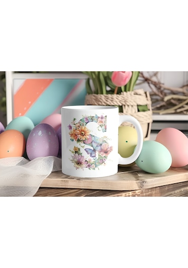 S Harfi Çiçekli Kupa Bardak - Soft Renk Çiçek Ve Kelebek Desenli Zarif Kahve Kupası - Bohem Beyaz