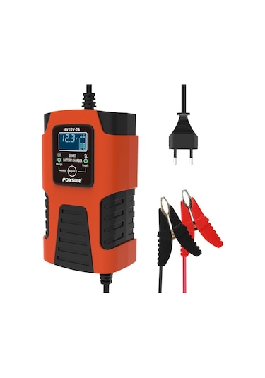 Foxsur 2a / 6v / 12v Araba / Motosiklet 3 Kademeli Tam Akıllı Akü Şarj Cihazı Kırmızı