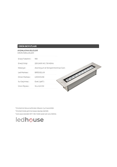 30 Cm Wallwasher 9 Led 9W Sıva Altı Duvar Boyama Dış Mekan