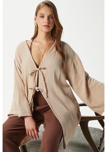 Ritnice Kadın Sandra %100 Pamuk Müslin Bağcıklı Bej Kimono Bej