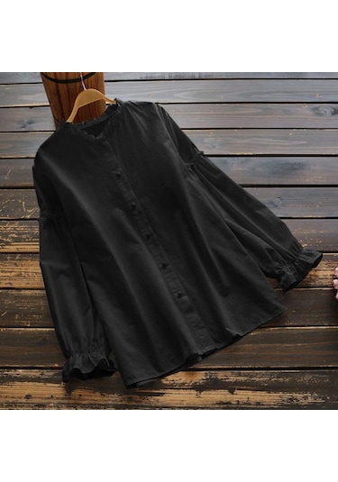 Siyah Zanzea Kadın Vintage Uzun Kollu Göğüslü Fırfırlı Bisiklet Yaka Bluz Üstler Siyah
