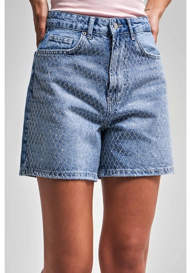 Itsbasic Kadın Mavi Renk Diana T-2s5-4 Parlak Taşlı Mom Fit Midi Boy Tasarım %100 Koton Denim Şort