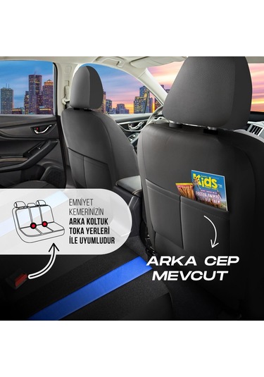 Panda Kapadokya Serisi Jakar Kumaş Oto Koltuk Kılıfı Tam Set Siyah - Mavi