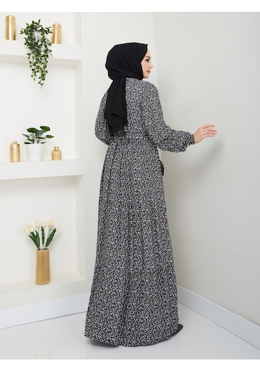 Düğme Detaylı Çiçekli Viskon Elbise - Siyah / E0123 Siyah
