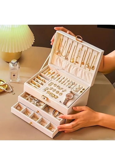 Kilitli Lüks Büyük Kapasiteli Takı Kutusu -beyaz
