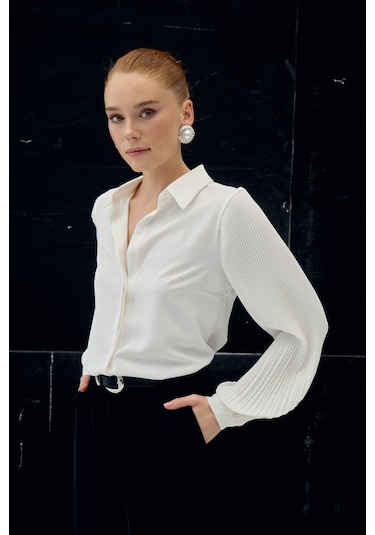 Sateen Plise Kollu Gömlek - Ekru-137087 ekru