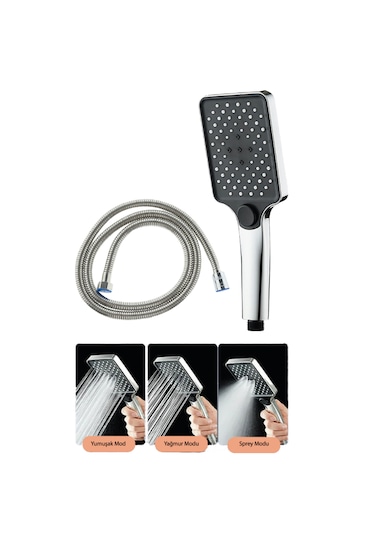 Aqua Kare 3 Fonksiyonlu Duş Başlığı Ve Duş Hortumu Duş Seti Krom
