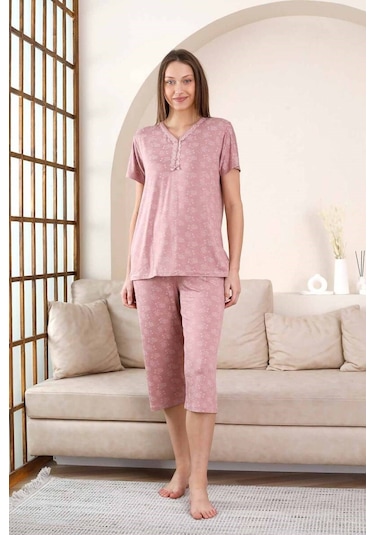 Kadın Gül Kurusu V Yaka Dantel Detay Viskon 3 Düğmeli Kısa Kol Yazlık Kapri Pijama Takımı Gül Kurusu