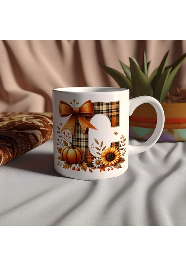 C Harfi Ekose Ve Sonbahar Temalı Kupa Bardak - Kişiye Özel Sıcak Tonlar Alfabe Kupa - Hediye Beyaz