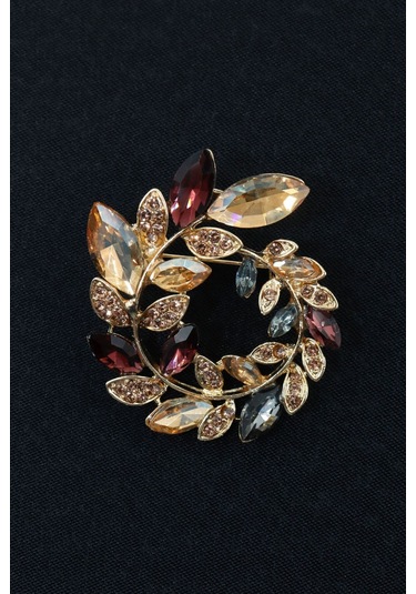Zeytin Dalı Çelenk Broş. Gold Pırlanta Taşlı Zeytin Dallı Yaka İğnesi Çiçek Broş, Erkek Kadın Broş Gold