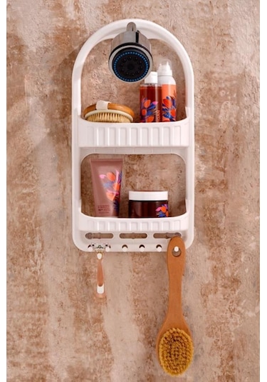 Flosoft 2 Raflı Şampuanlık, Asılabilir Vantuzlu Banyo Duş Şampuan Sabun Kozmetik Düzenleyici Beyaz