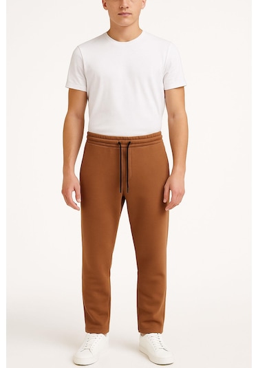 Erkek Düz Paça 3 İplik Şardonlu Rahat Kesim Premium Kumaş Eşofman Altı Kahverengi