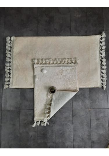 Elite Krem Ponpon Saçaklı Peluş 2'li Banyo Paspası Halısı Kaymaz Taban Klozet Takımı Püsküllü Krem