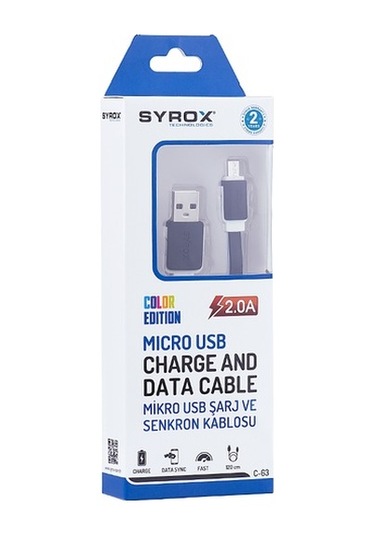 Syrox C63 Micro Usb Şarj Ve Usb Data Kablosu Yassı 2.0A 1.2Mt Siy