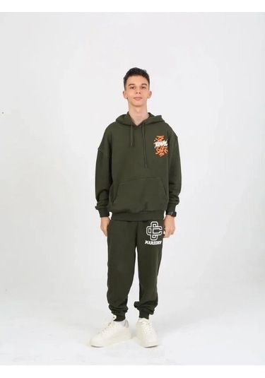 Erkek Çocuk 2 İplik Yazı Detaylı Kapüşonlu Sweatshirt-15232 Haki