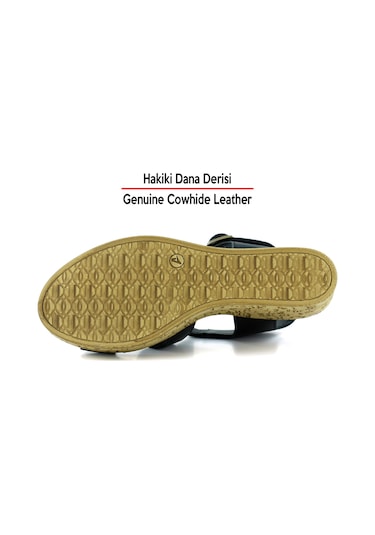 Erkan Saçmacı Xena Siyah Hakiki Dana Derisi Mantar Taban Görünümlü Dolgu Topuklu Gladyatör Sandalet Siyah