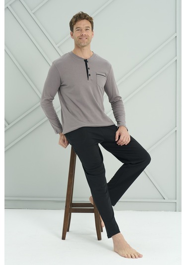 Erkek Interlok Penye Uzun Kol Pijama Takımı 2205 Gri01 Gri01