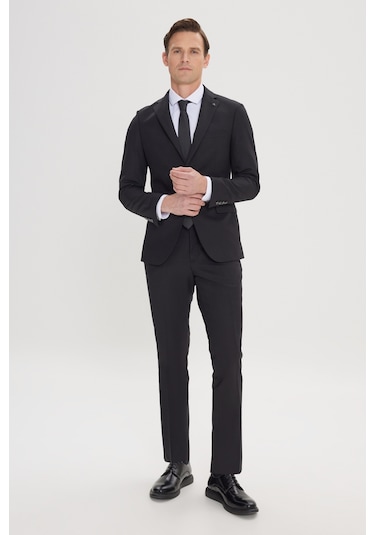 Erkek Sıyah Slim Fit Dar Kesim Mono Yaka Takım Elbise Siyah