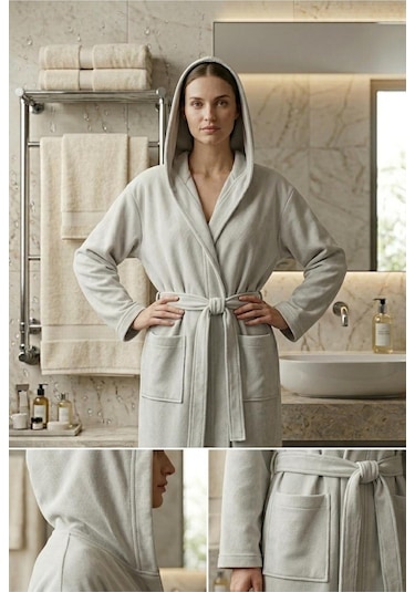 Soft Comfort Lacost Örgü Unisex Kapüşonlu Bornoz Gri