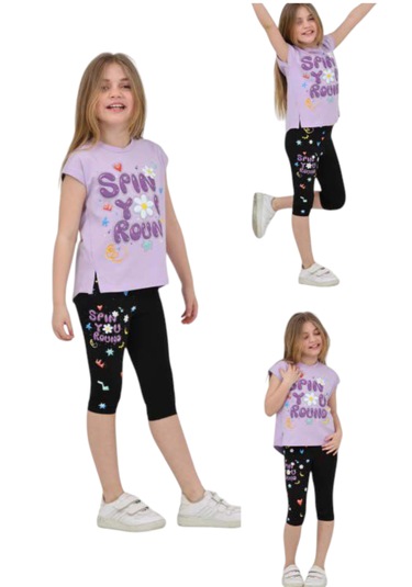 Kız Çocuk Spin You Yazılı Kapri Taytlı Tişörtlü Takım