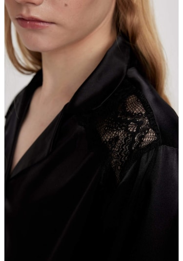 DeFacto Regular Fit Uzun Kollu Saten Casual Pijama Üstü-Fall in Love B6198AX24SPBK27