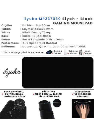 70x30cm Logosuz Siyah İlyukamp337030 Büyük Boy Xl Gaming Mousepad