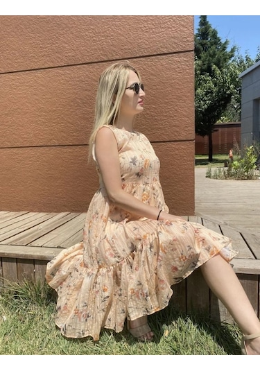 Meissa Fashion Bisiklet Yaka Elbise Çiçekli Askılı Yazlık