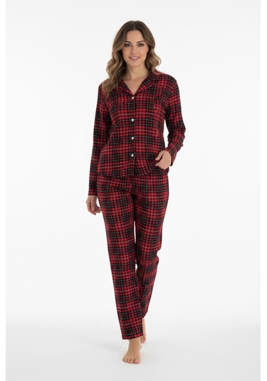 Luxury Soft Kırmızı Ekose Desenli Uzun Kollu Kadın Pijama Takımı 3063 Bordo