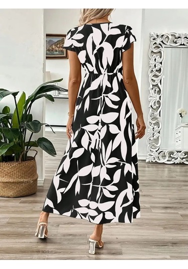 Kadın Kısa Kelebek Kollu Kruvaze Yaka Desenli Süprem Elbise Siyah