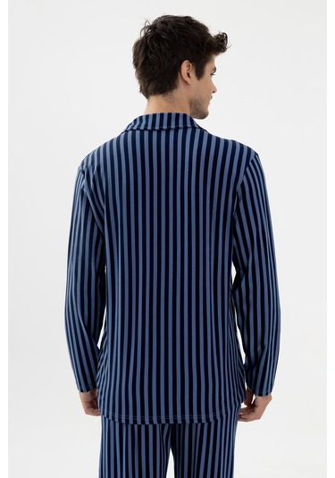 Erkek Mavi Çizgili Pamuklu Kombinli Gömlek Yaka Pijama Takımı Ko6302pj-1 Mavi