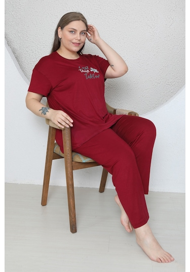 Fames Pijama Büyük Beden Likrali Ring Viskon Kisa Kol Yazlik Pijama Takim Bordo