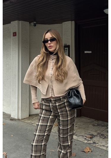 Bej Pelerin Detaylı Triko Hırka - 1317 Bej