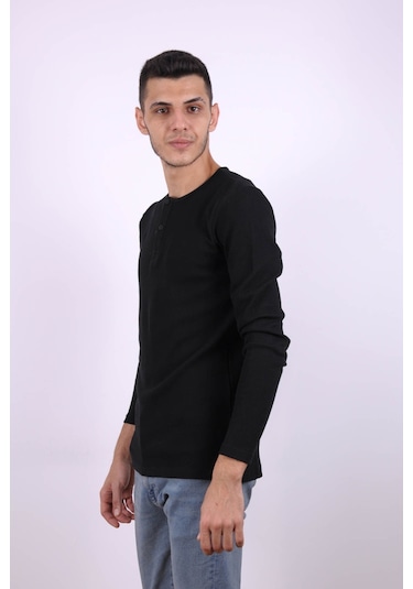 Trender Düğmeli Waffle Siyah Erkek Sweatshirt 5070 Siyah