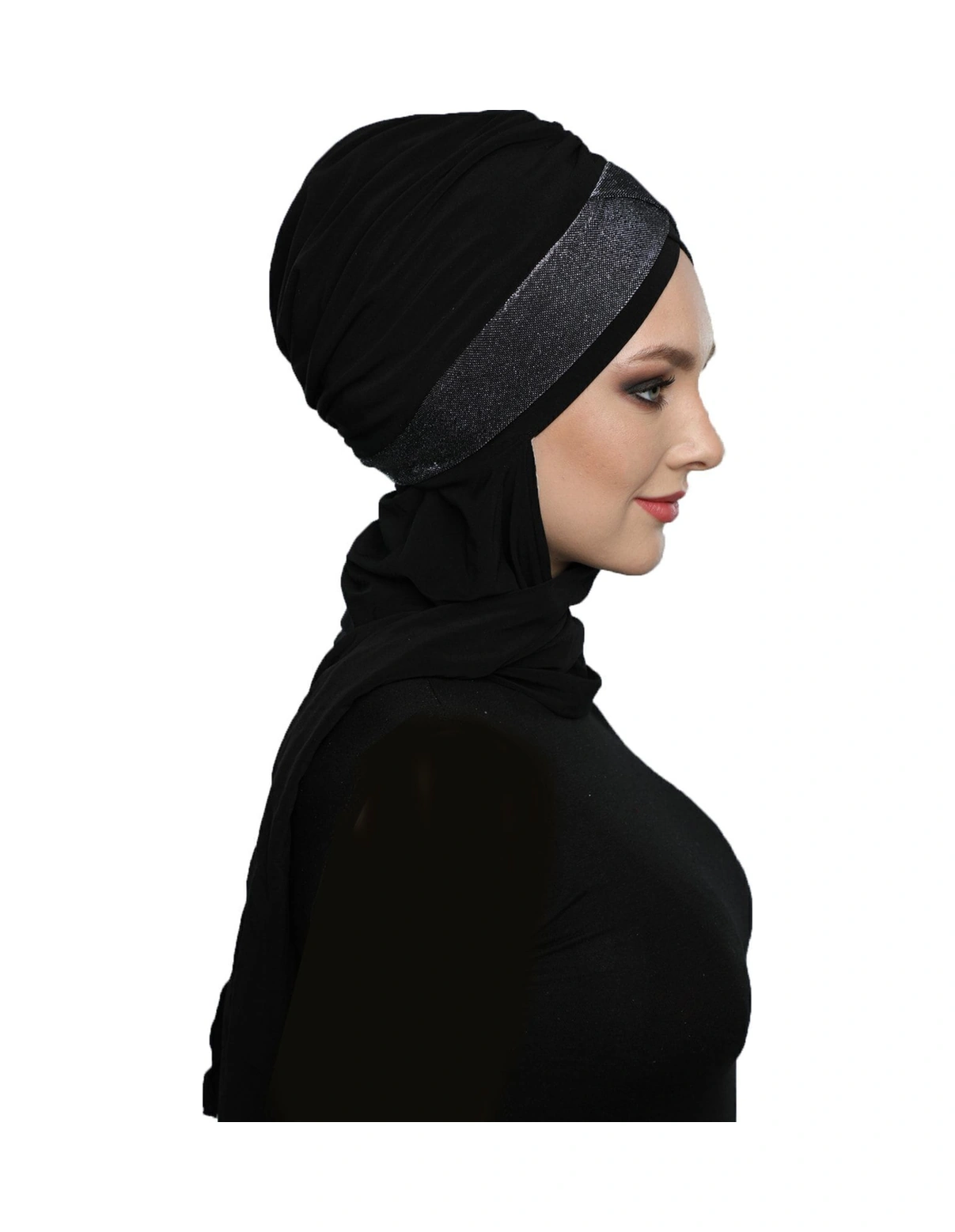 Çapraz Pike Atkılı Astarlı Siyah-gümüş Hazır Türban Tesettür Bone Siyah-gümüş