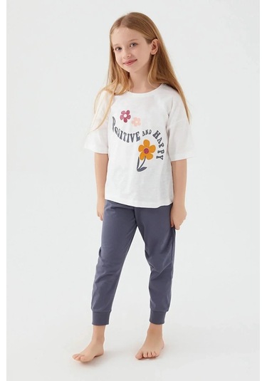 Kız Çocuk Kısa Kollu Çiçekli Pijama Takım-12637 Beyaz