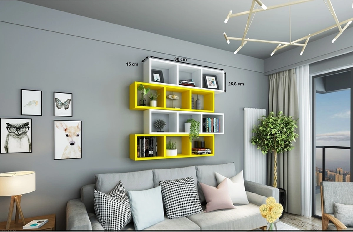 Kitaplık Lux Yatay Duvar Rafı Sarı Beyaz 4 Lü Takım Sarı Beyaz