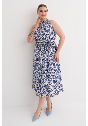 Halter Yaka Kuşaklı Desenli Uzun Elbise-6215 Mavi