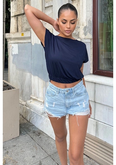Kadın Lacivert Yarım Kol, Geniş Yaka, Tek Cepli, Beli Lastikli Rahat Crop Bluz Lacivert