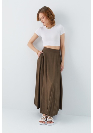 4631 Kadın Parçalı Kloş Etek Haki Haki