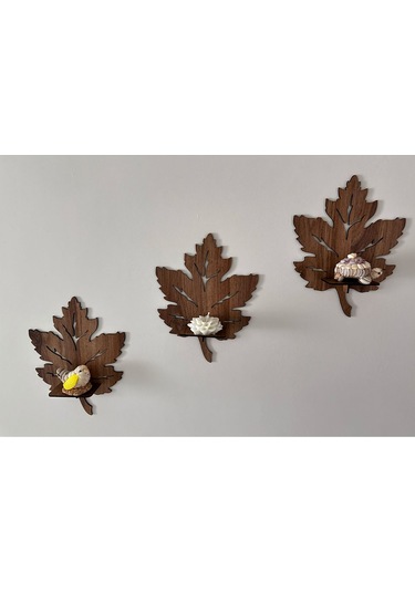 3 Lü Ahşap Duvar Süsü Rafı - Yaprak Mumluk Ve Dekoratif Aplik Seti