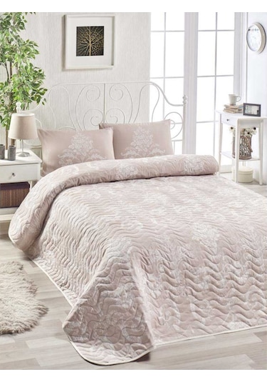 Kapitone Yatak Örtüsü Seti Çift Kişilik Kraliçe Vizon